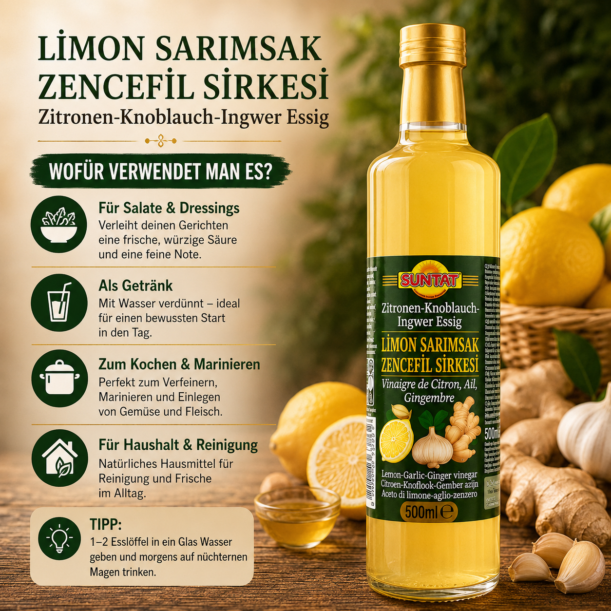 Zitrone, Knoblauch & Ingwer Essig (Limon Sarmisak & Zencefil Sirkesi) - Suntat - 500 ml – Kräuteressig Traditionell