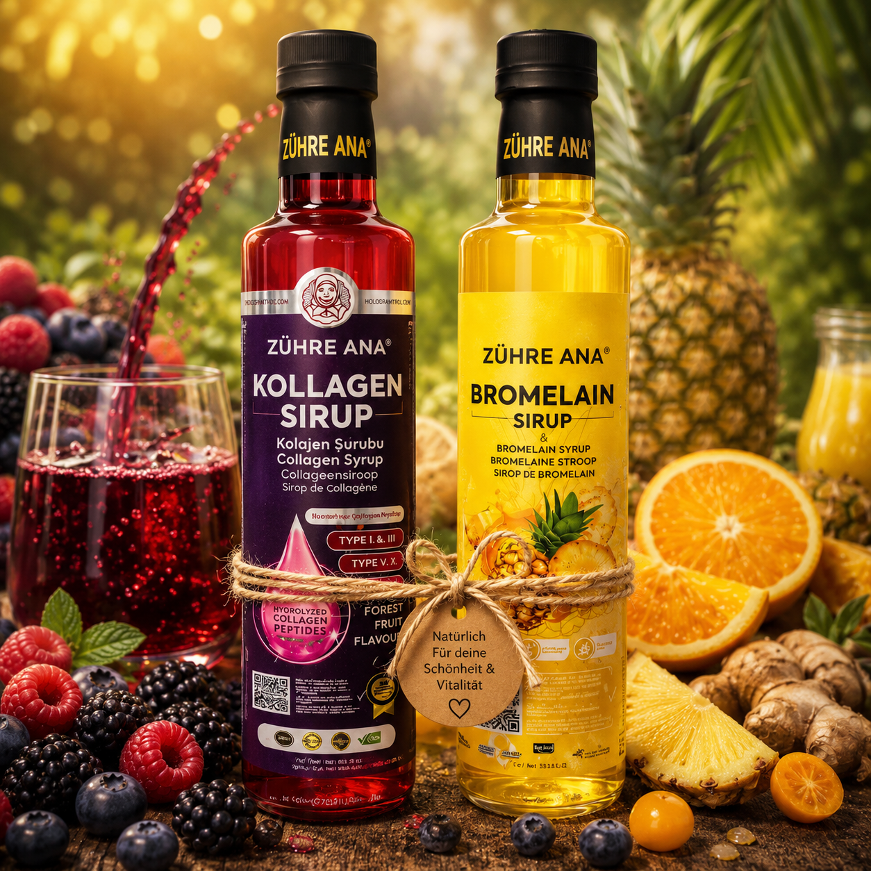 Zühre Ana 2er Set Kollagen Sirup & Bromelain Sirup mit Ananasgeschmack 2 x 250 g – Mit Kollagen & Bromelain