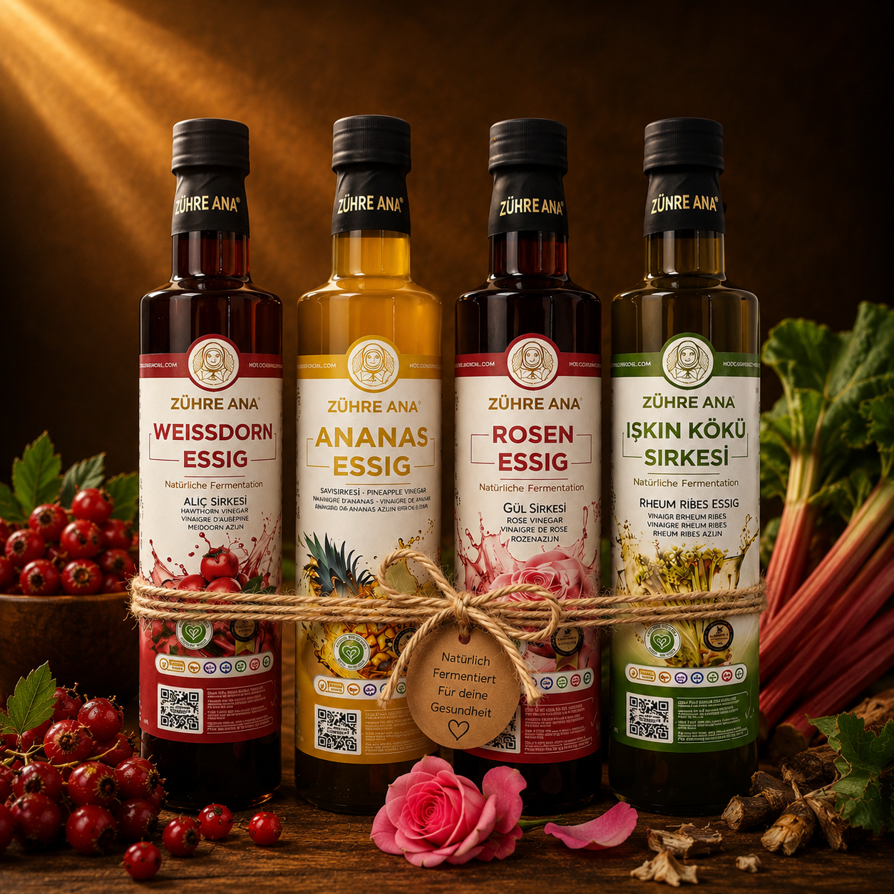 Zühre Ana Essig-Set: Ananas-, Weißdorn-, Rosen- & Rheum Ribes Essig 4 x 500 ml