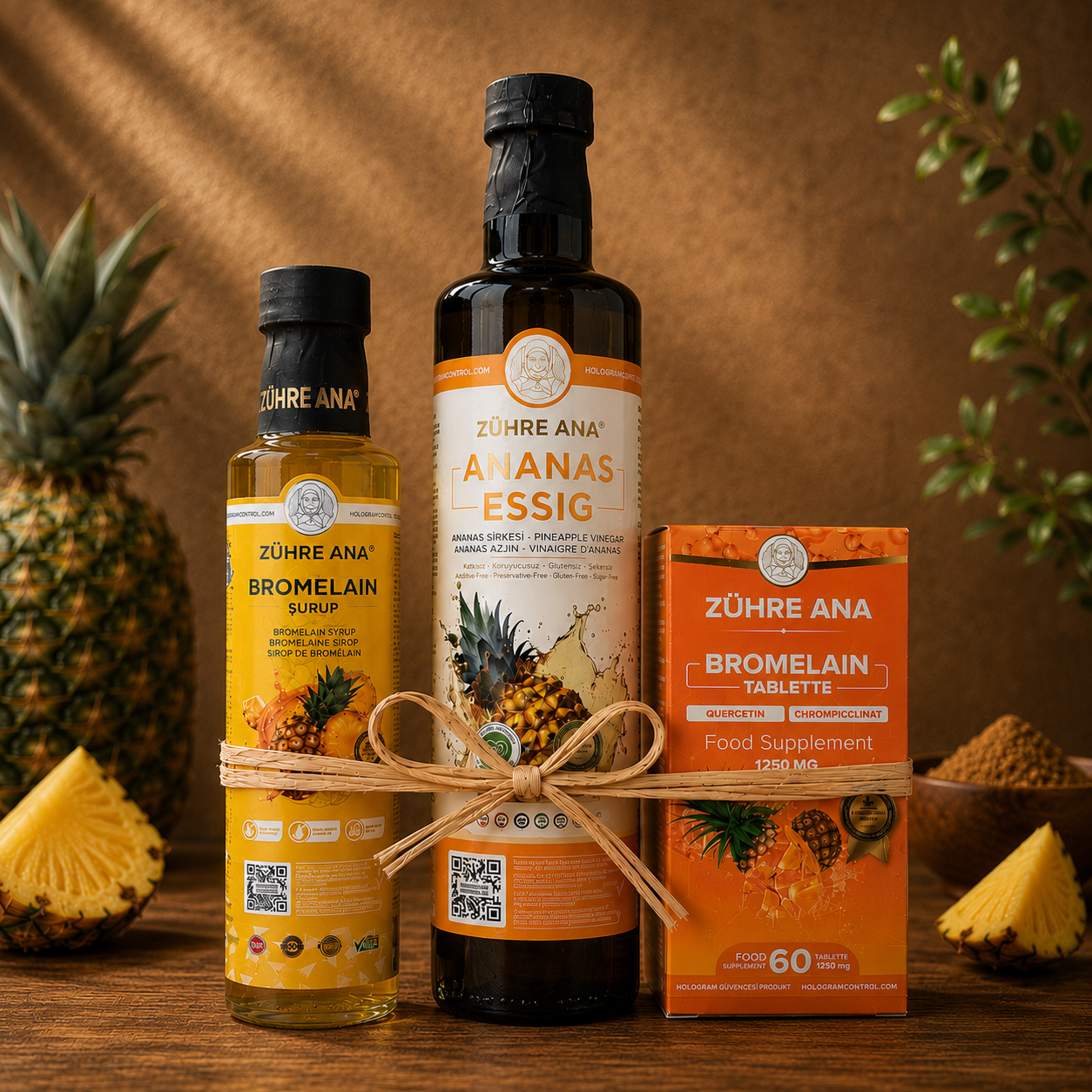 Zühre Ana Ananas Power 3er Set - Ananas Essig, Bromelain Sirup & Bromelain Tabletten