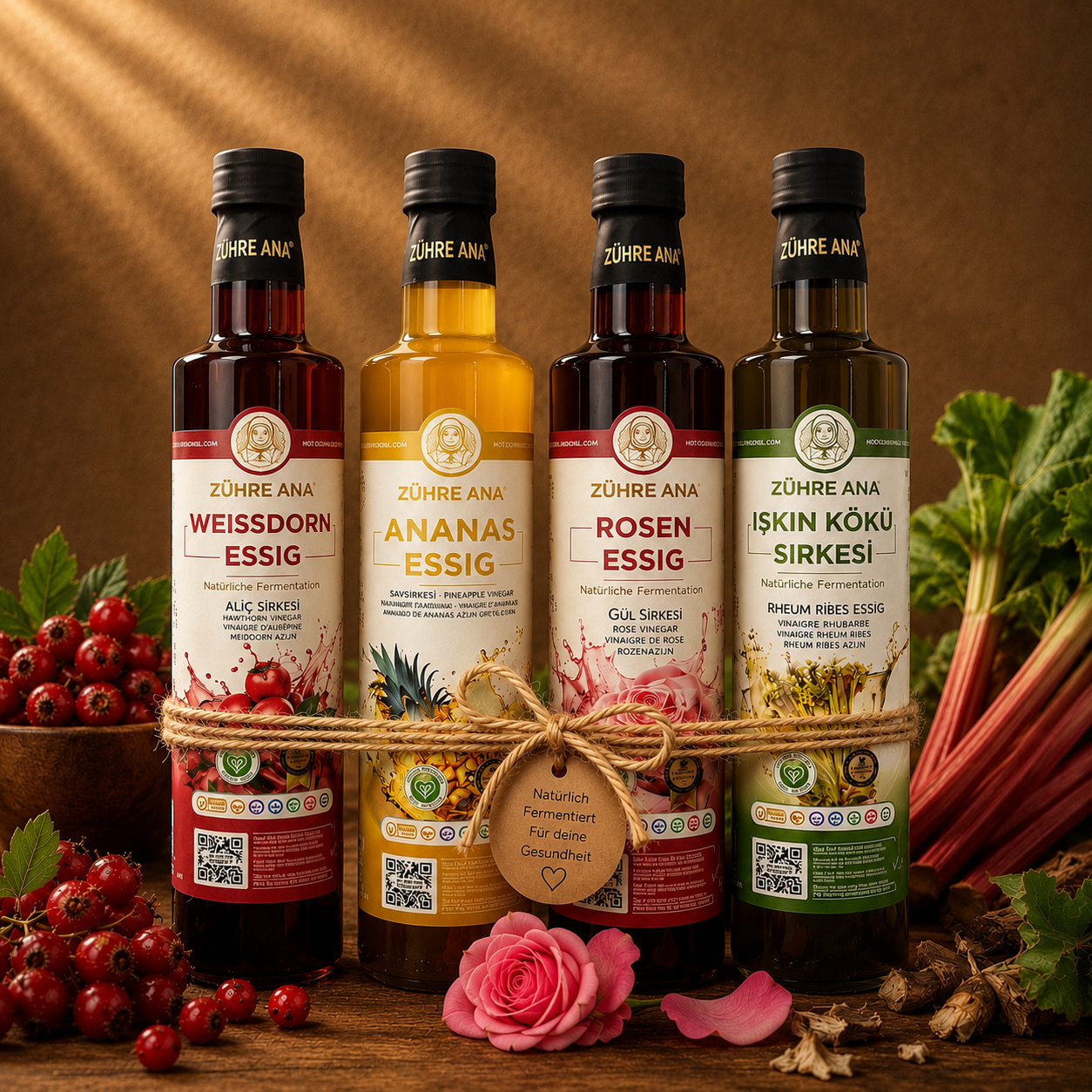 Zühre Ana Essig-Set: Ananas-, Weißdorn-, Rosen- & Rheum Ribes Essig 4 x 500 ml
