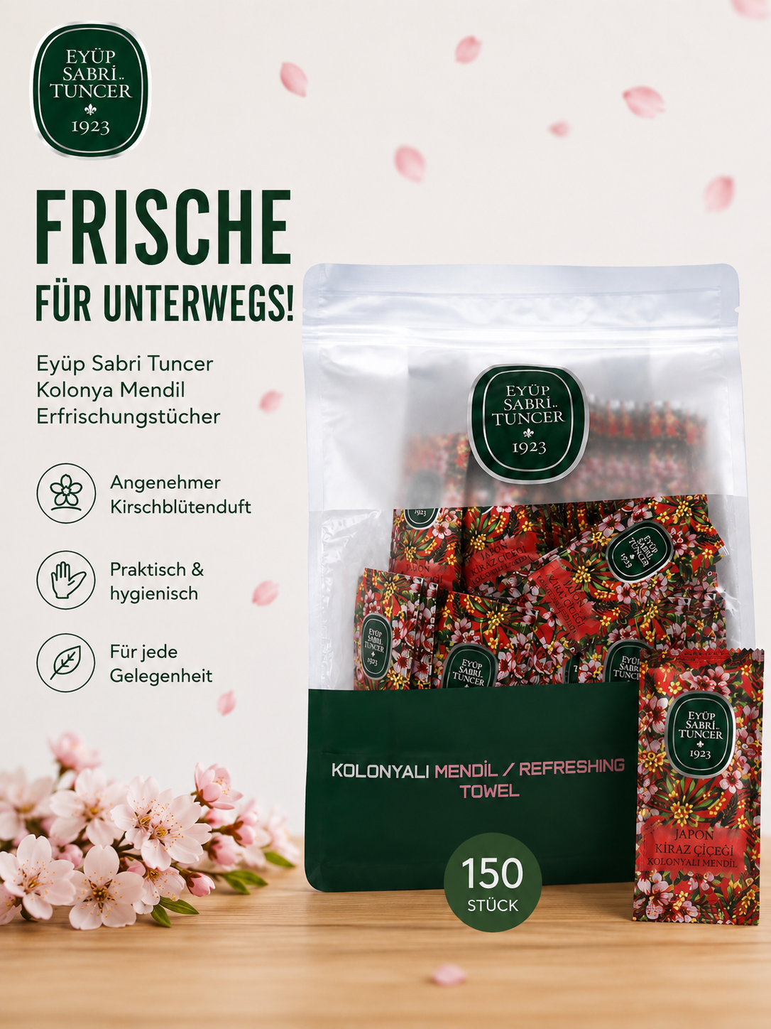Eyüp Sabri Tuncer Erfrischungstücher Kirschblüte (Kolonya Mendil Kiraz) 150 Stück