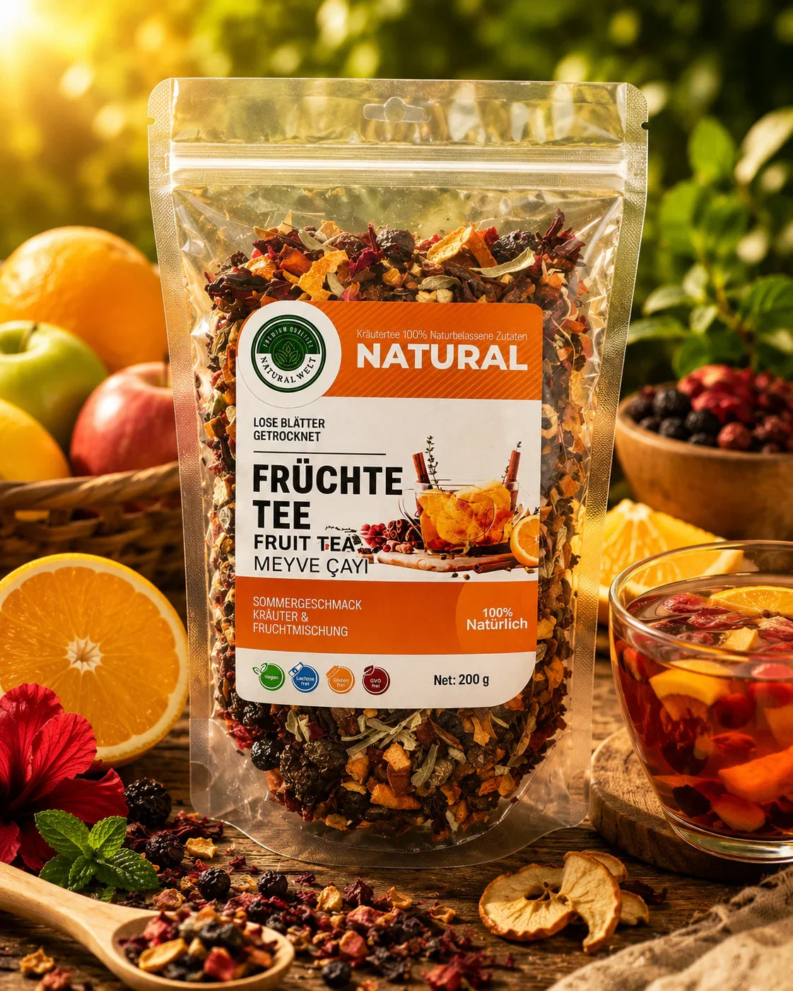 Natürlicher Früchtetee mit Kräutern und Früchten, 100% natürlich, lose Blätter, Sommergeschmack