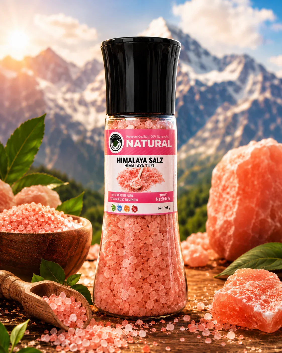 Himalaya Salz in Glasflasche mit Bergen im Hintergrund, natürlich und reich an Mineralien
