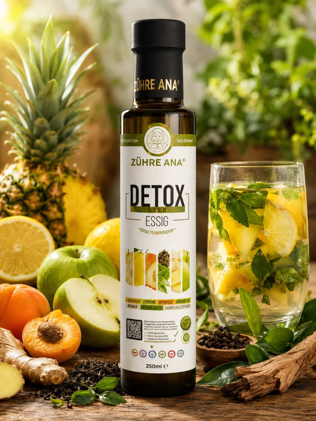 Zühre Ana Detox Gold Essig mit Ananas, Zitrone, Ingwer und grünem Tee – natürliche Fermentationslösung