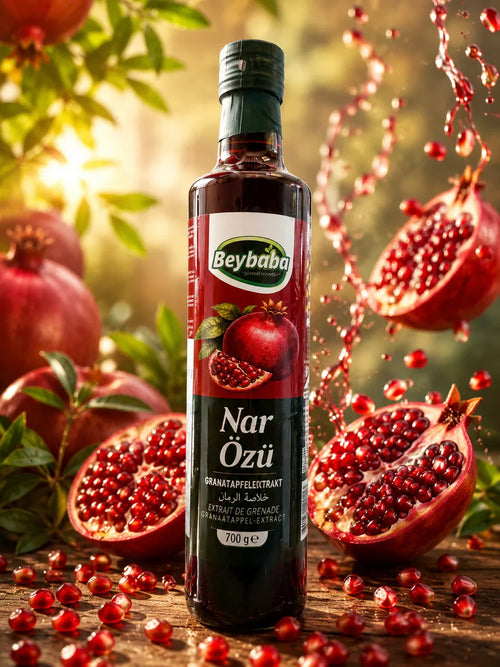 Beybaba Granatapfelextrakt 700g – naturrein, mit frischen Granatäpfeln und Saftspritzern, ideal für Wohlbefinden