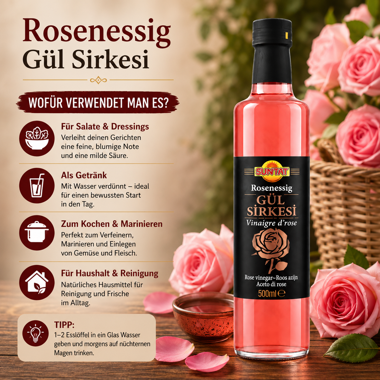 Rosenessig (Gül Sirkesi) - Suntat - 500 ml