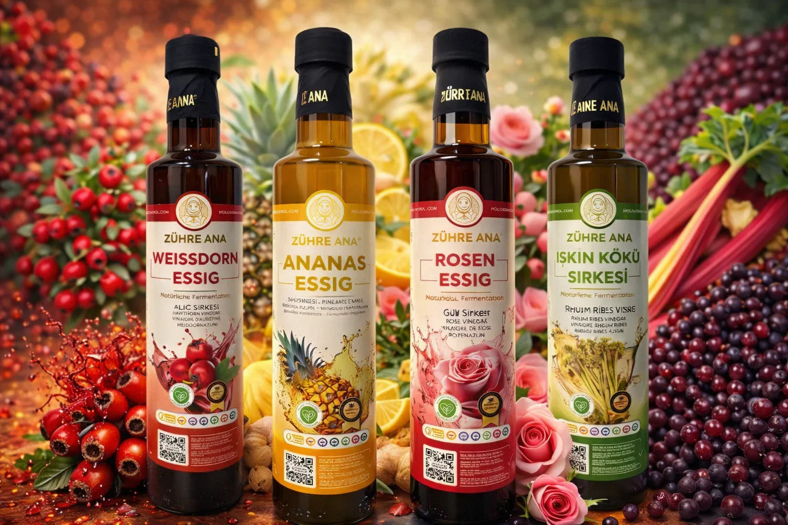 Zühre Ana 4er Set Ananas, Weissdorn, Rosen & Rheum Ribes Essig 4 x 500ml - Naturnaturia