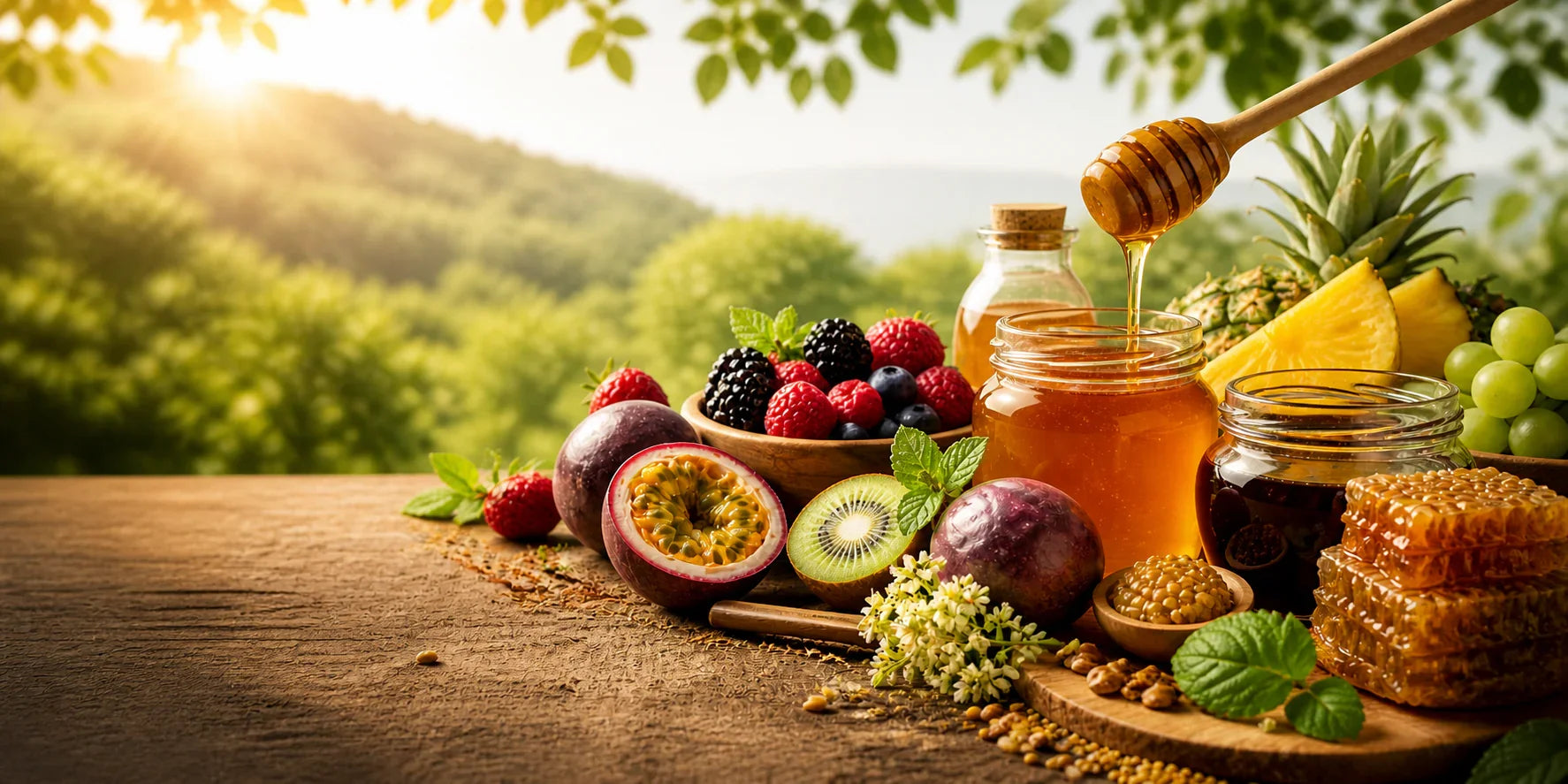 Natürliche Honig- und Fruchtkomposition mit Beeren, Kiwi und Ananas auf Holztisch im Freien