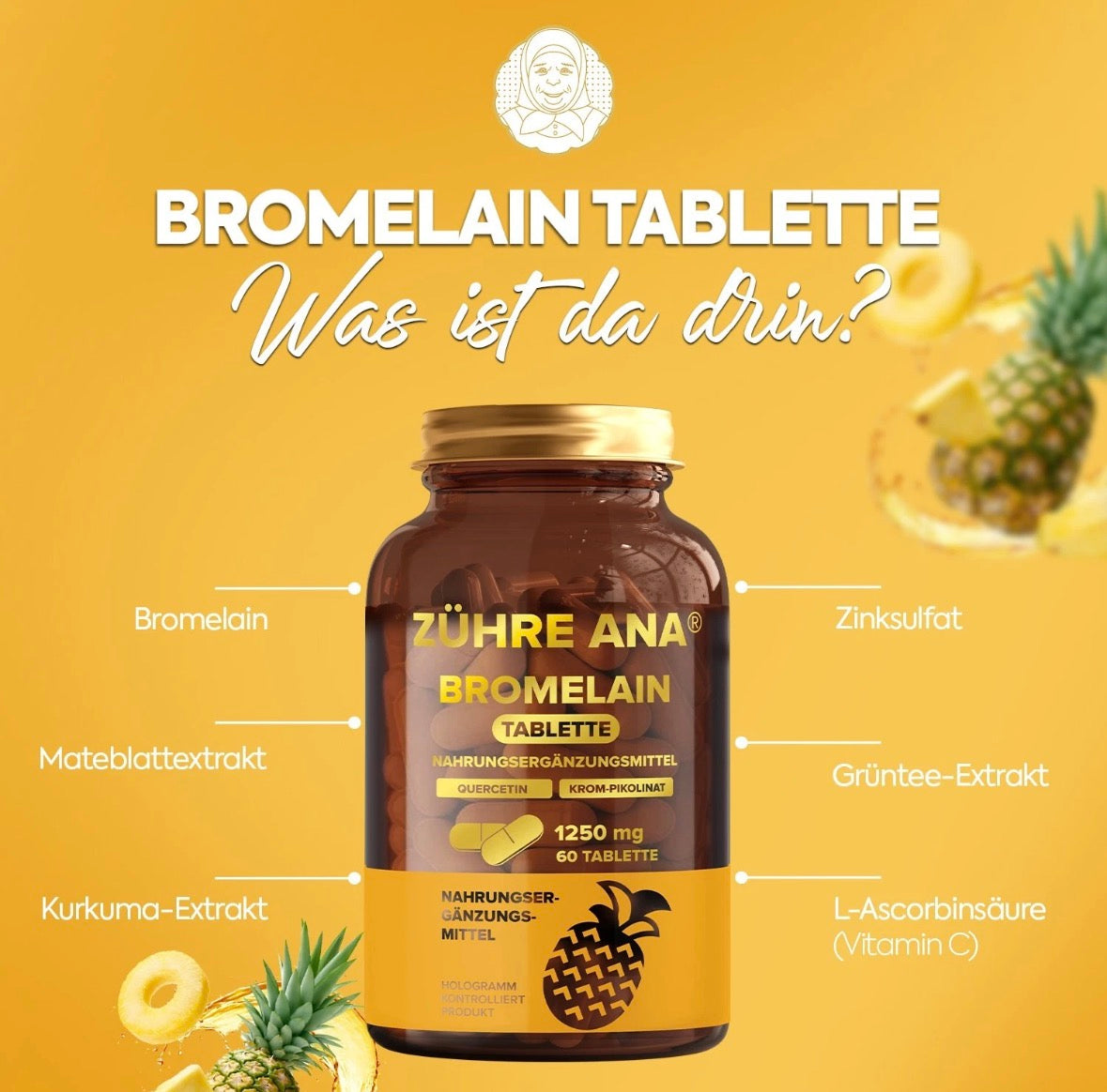 Bromelain Tabletten mit Ananas-Geschmack – Zühre Ana – 60 Kapseln 1250 mg