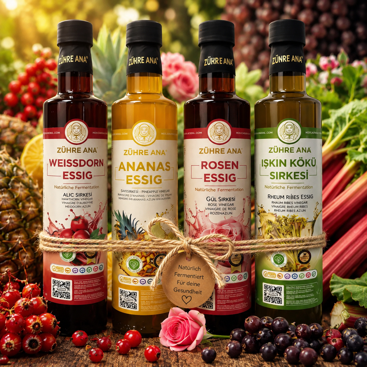 Zühre Ana 4er Set Ananas-, Weißdorn-, Rosen- & Rheum Ribes Essig 4 x 500 ml – Natürlich Fermentierte Essigspezialitäten