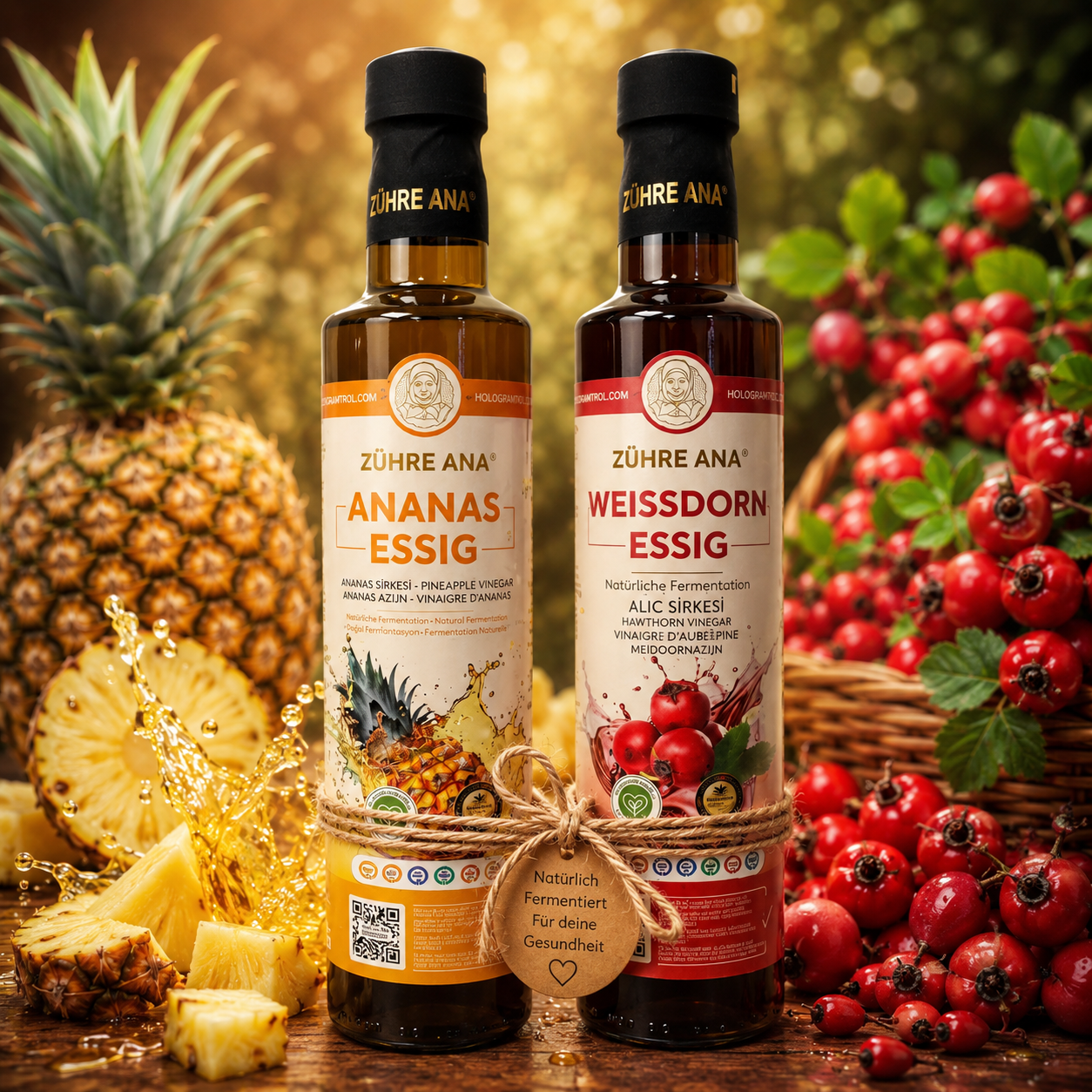 Zühre Ana 2er Set Ananas Essig & Weißdorn Essig 2 x 500 ml – Natürlich Fermentierte Essigspezialitäten