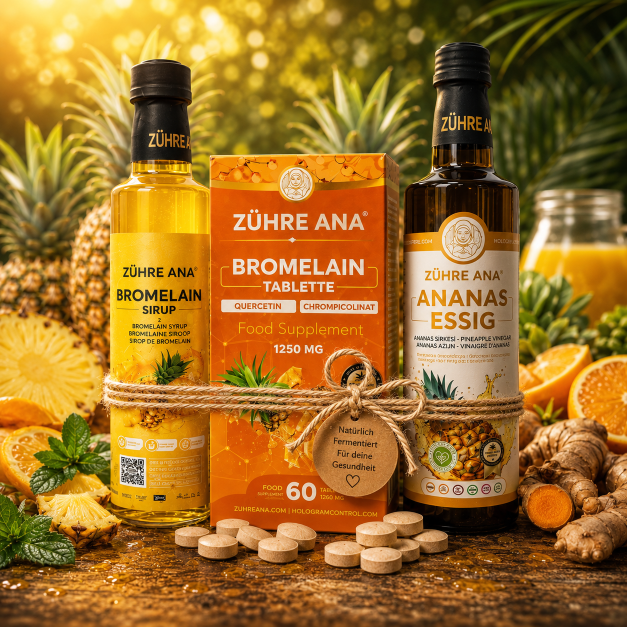 Zühre Ana Ananas Power 3er Set - Ananas Essig, Bromelain Sirup & Bromelain Tabletten