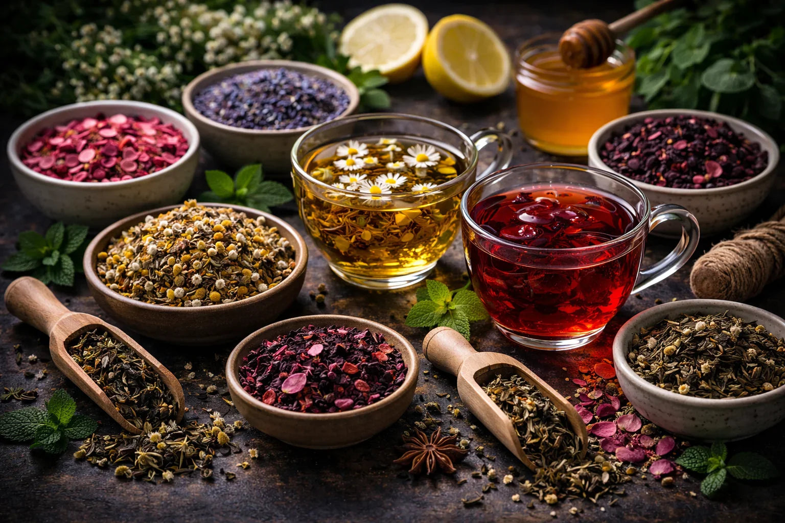Natürliche Kräutertees & Bio-Tee-Mischungen mit Blüten, Honig und Zitrone – gesund, rein, aromatisch